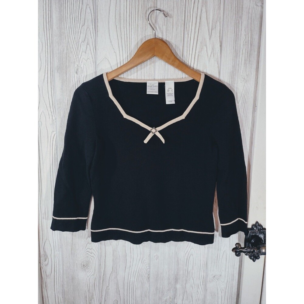 Emma James Petite Small Black Tan Outline Blouse Old Money Chic Top